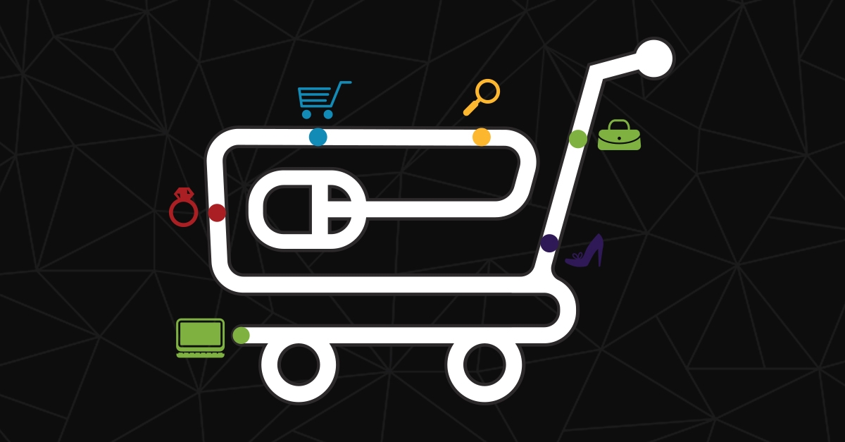 vector of shopping cart with various images coming out of the line