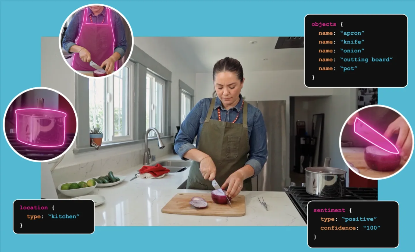 Woman cutting a knife with Moment Match Engine technology on screen.